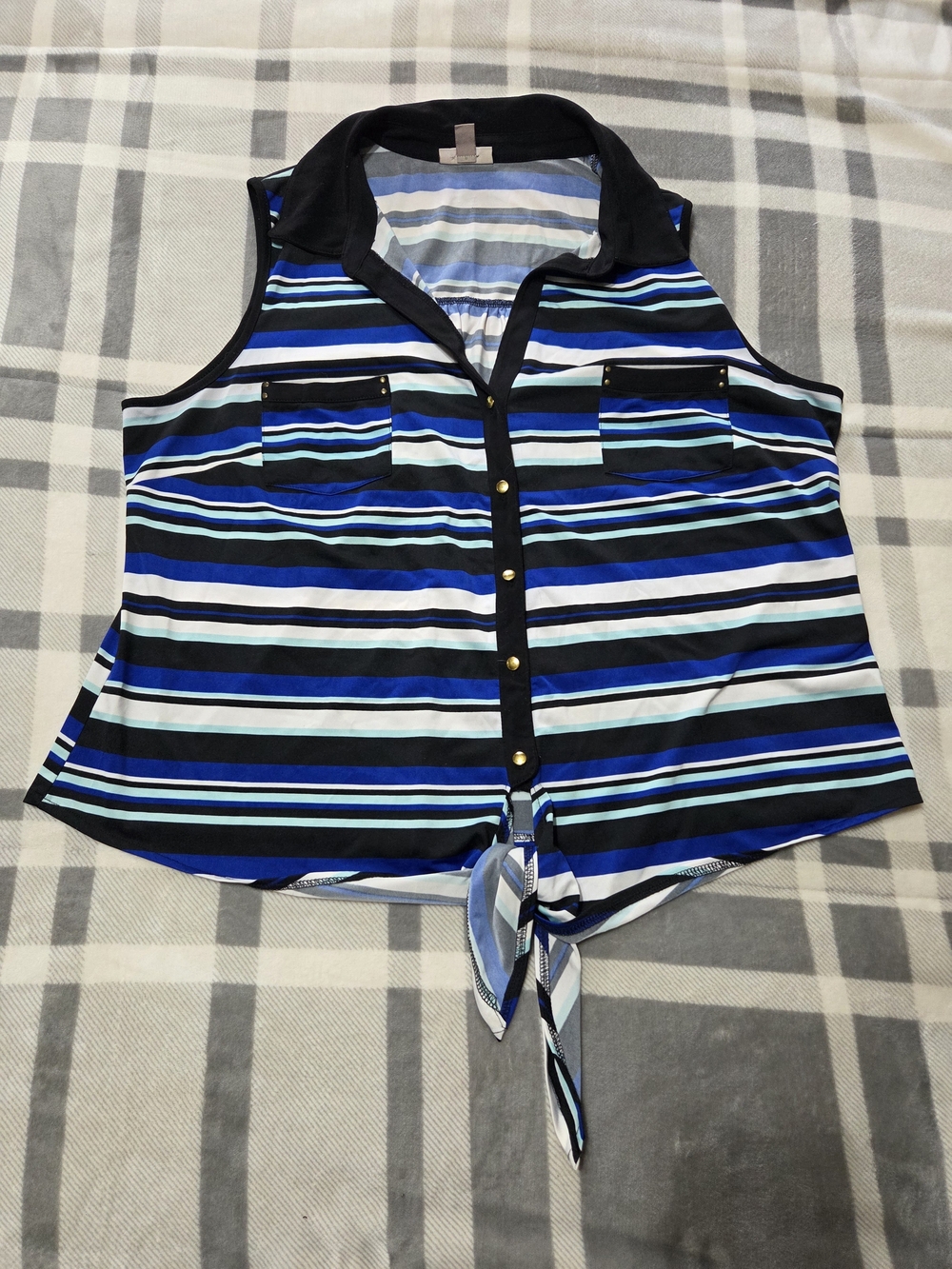 Roz & Ali Blue and Black Striped Tie-Front Sleeveless Blouse